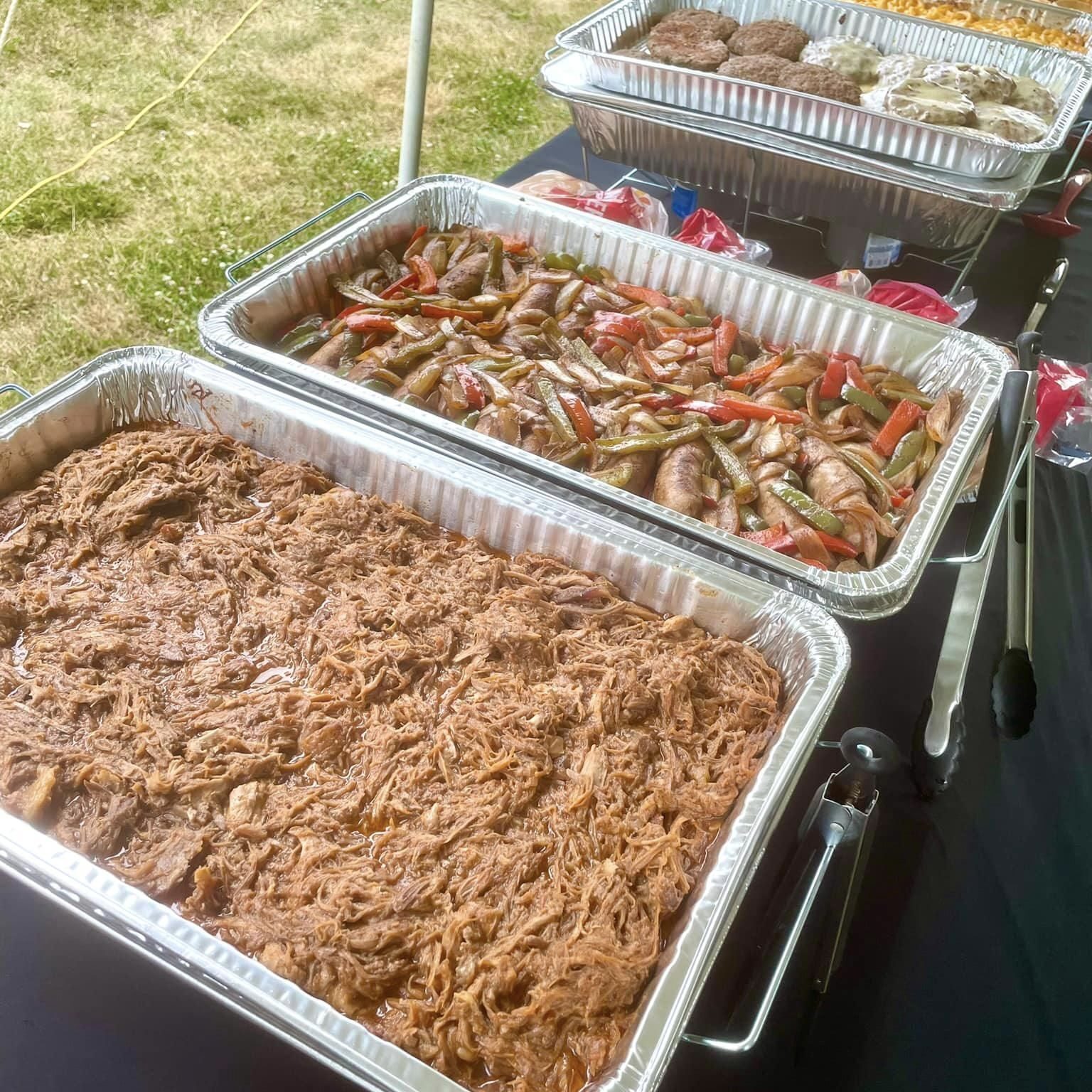 Pulled Pork BBQ, Sausage ‘n Peppers, Burgers, Mac ‘n Cheese, Pierogies, Caesar Salad